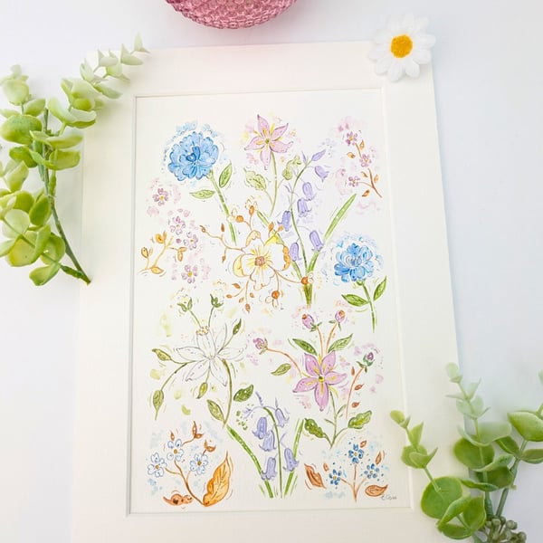Blue Floral original watercolour painting A4 mounted 