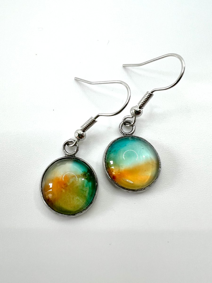 Turquoise & Brown Glass Cabochon Drop Earrings