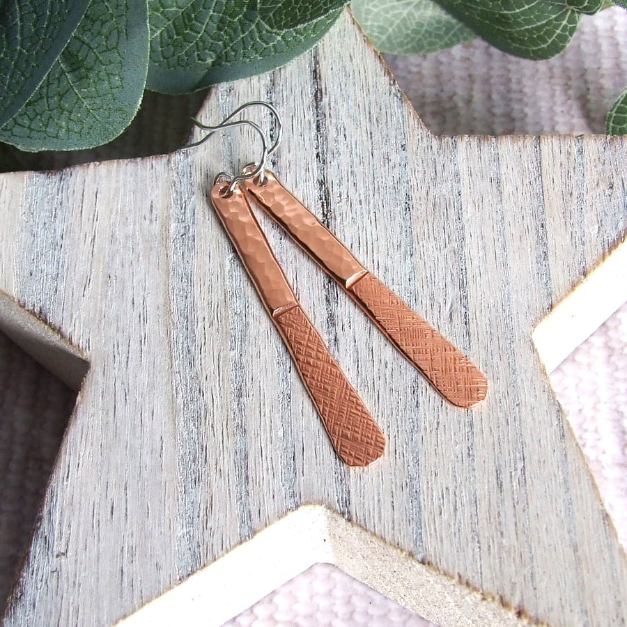 Earrings, Copper Long Teardrops with Textures and Silver Earwires