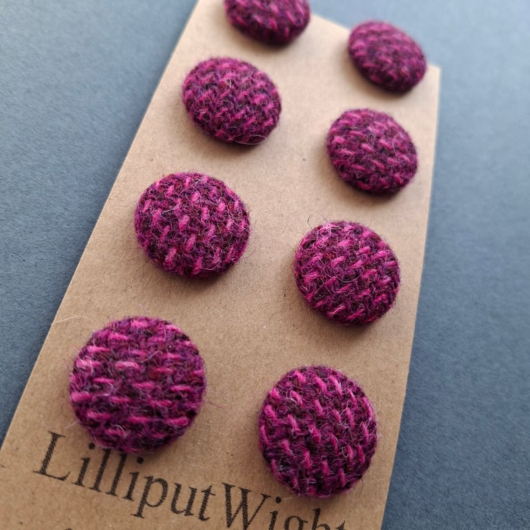 Set of eight scrap bag buttons - plum and raspberry Harris Tweed