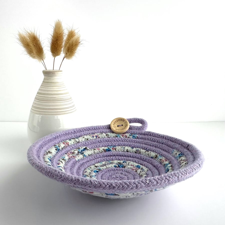 Lilac Coiled Rope Trinket Bowl with Floral Fabric Trim
