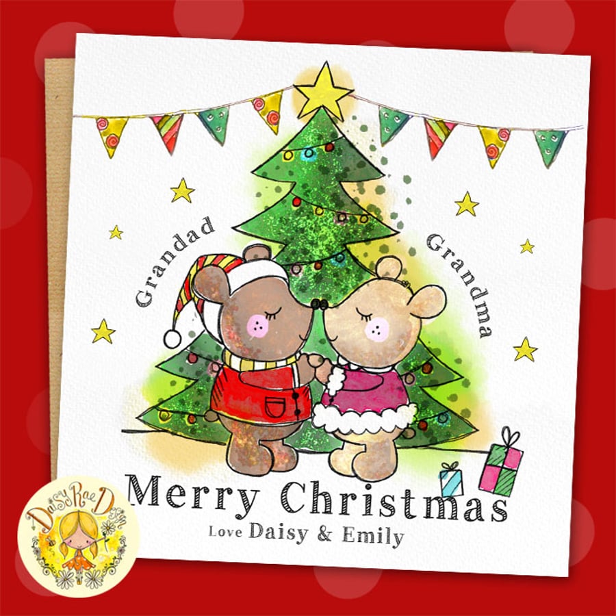 Christmas Tree Couple personalised white square 6" linen card