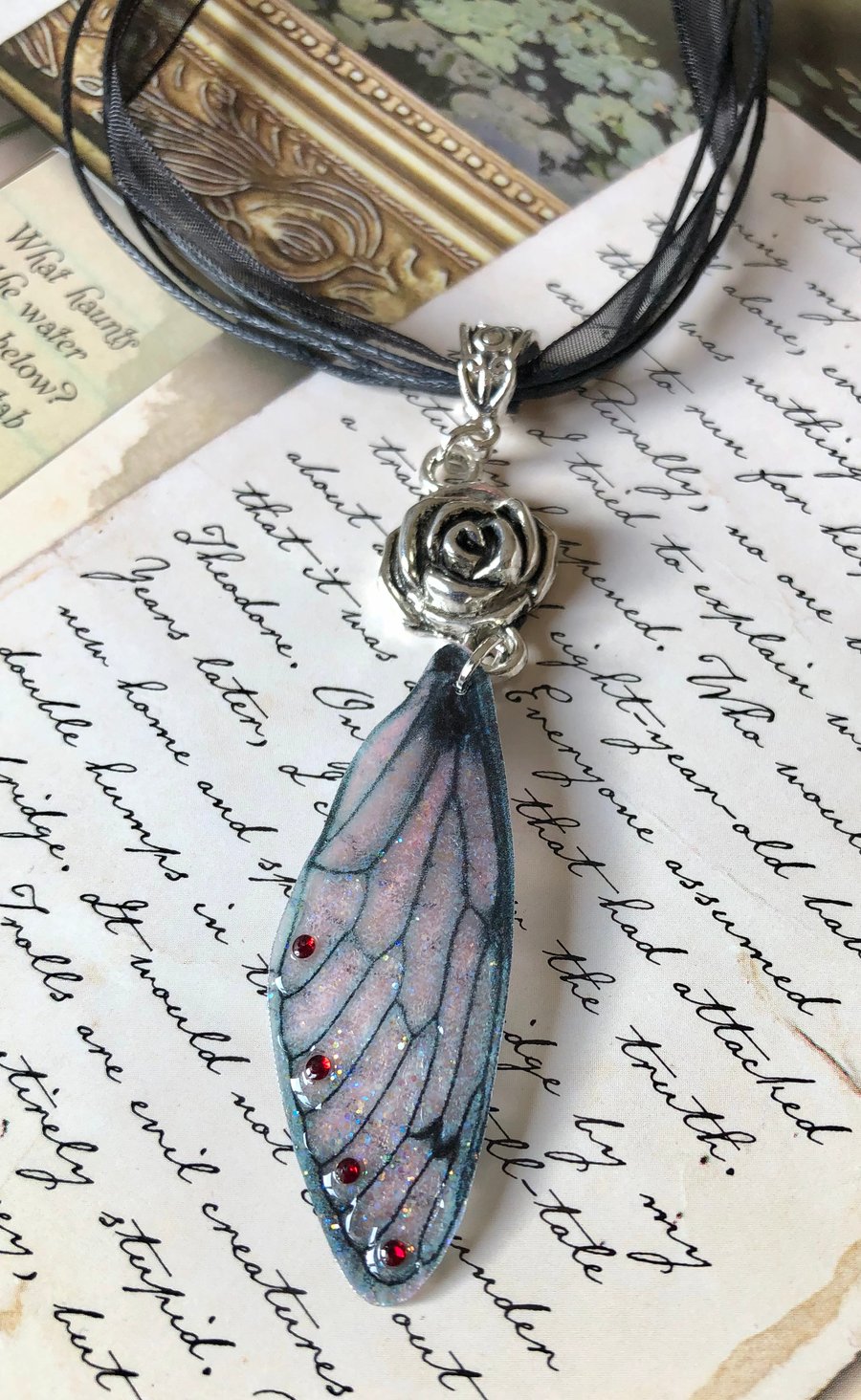 Red Swarovski Dark Fairy Wing Rose Pendant