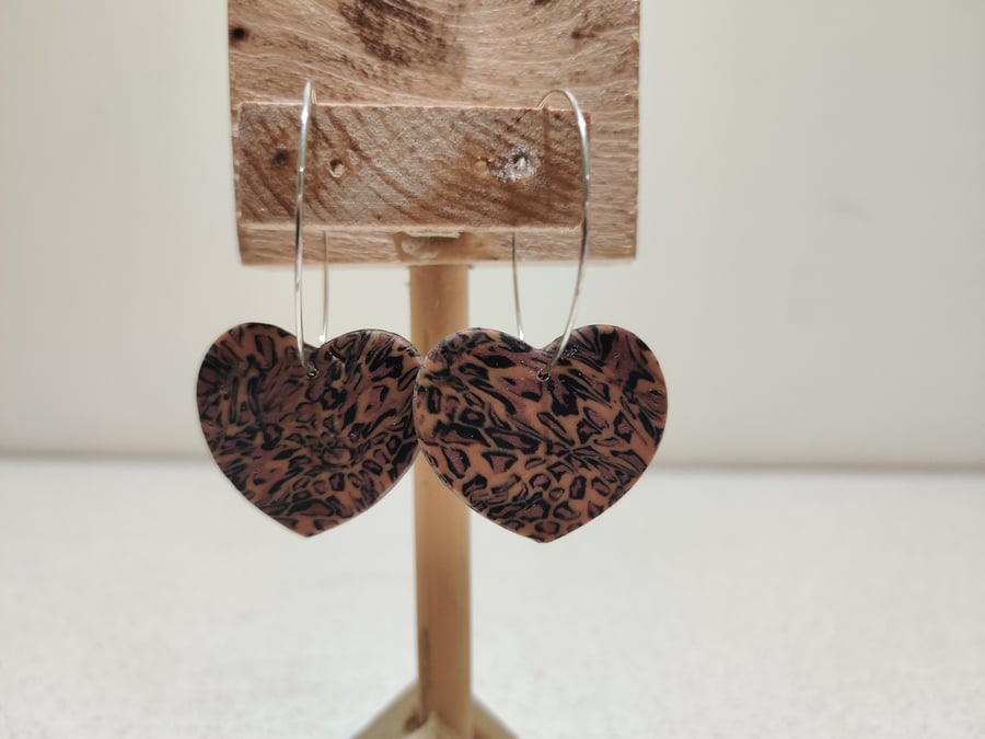 Leopard print heart polymerclay hoop earrings