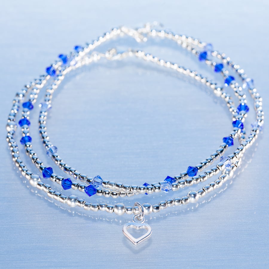 Sterling silver stacking bracelets with blue swarovski and heart charm
