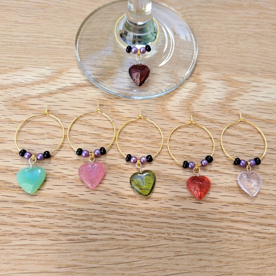 Set of 6 Wine Glass Charms with Purple & Black Beads & Coloured Heart Charms