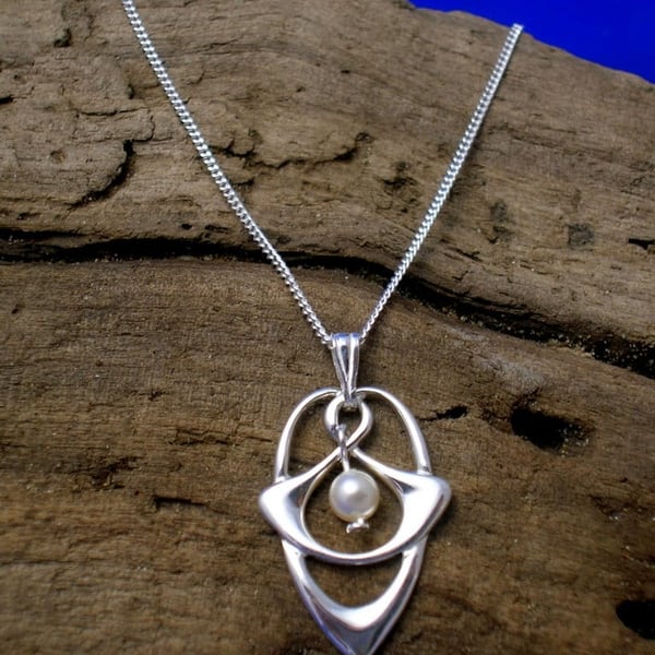 Silver Art Nouveau Necklace, Celtic Pendant, Silver and Pearl pendant, Handmade,