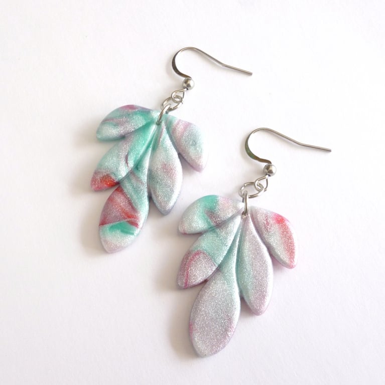 Frosted Winter Leaf Polymer Clay Dangle Earrings