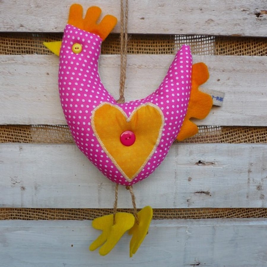 Hanging Chicken ~Pink with white spots Applique hearts in yellow 