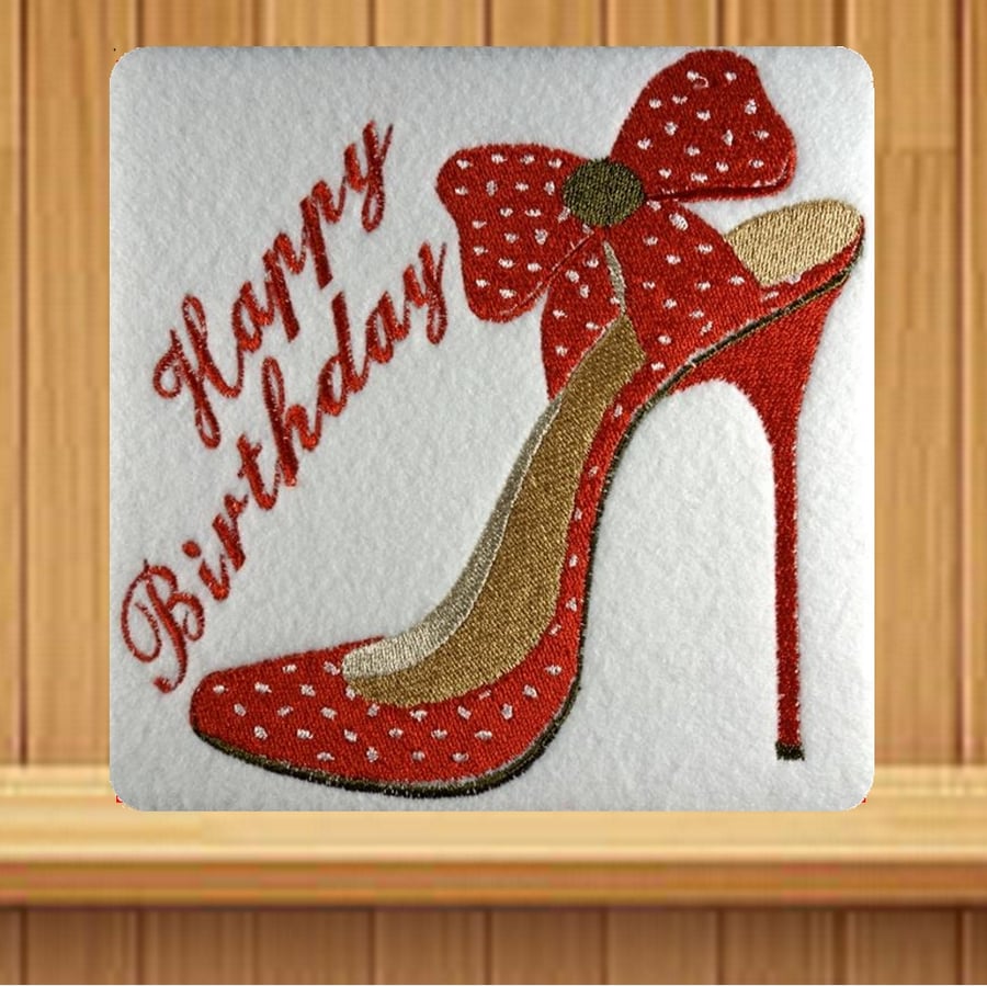 Handmade red polka dot high heel shoe greetings card embroidered design