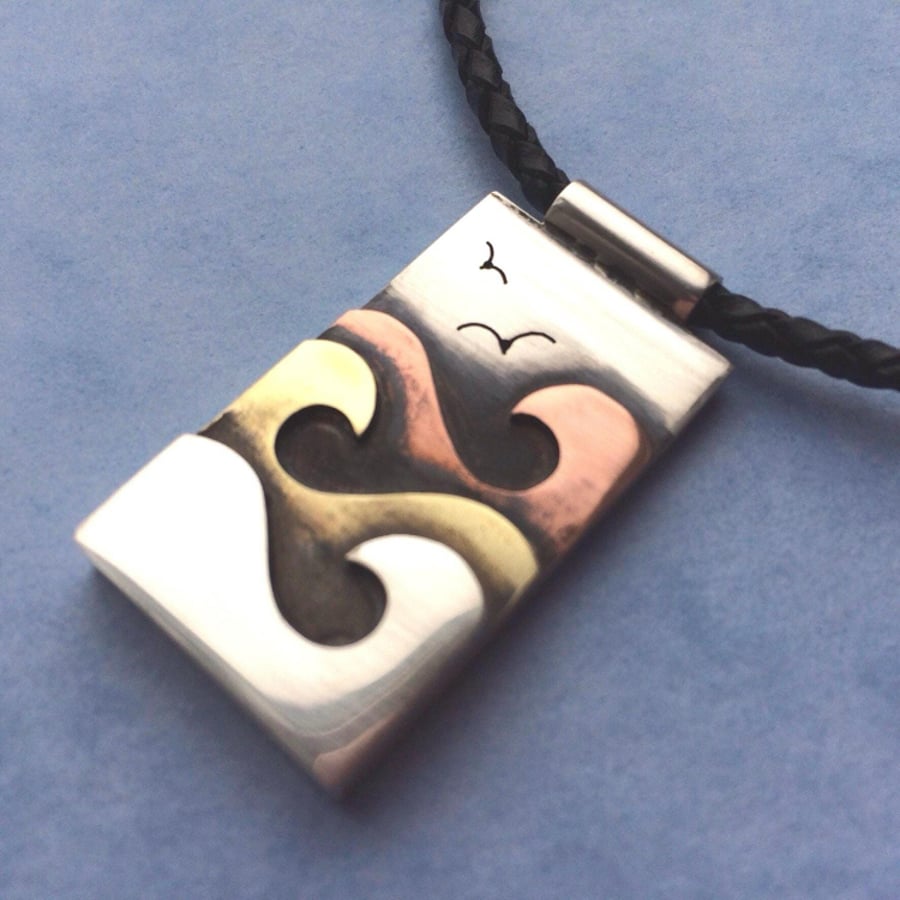Sterling Silver Ocean Waves Pendant, With Copper and Brass