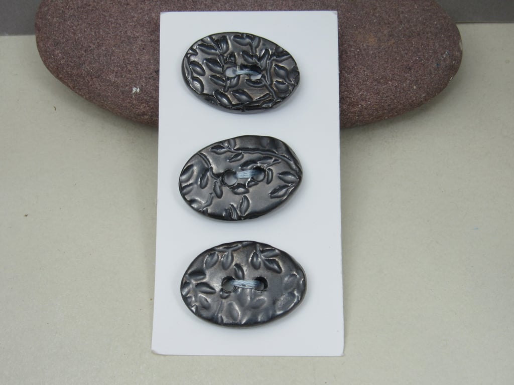 3 Medium Oval Metallic Pewter Leaf Pattern Handmade Ceramic Buttons