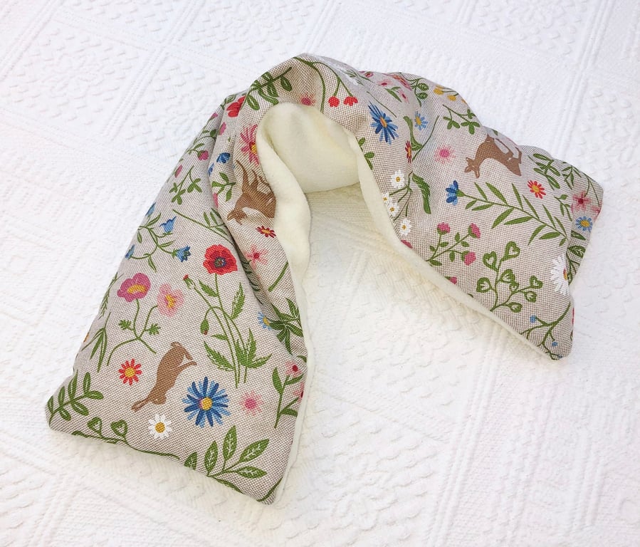 Wheat Bag 48cm Woodland Flowers Linen fabric ivory fleece reverse