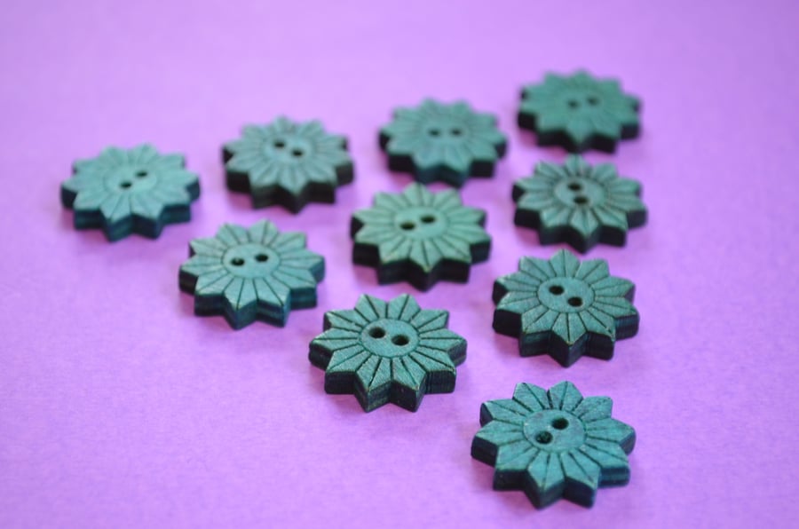Colourful Wooden Star Flower Buttons Teal Blue 10pk Flowers 20x20mm (STF9)