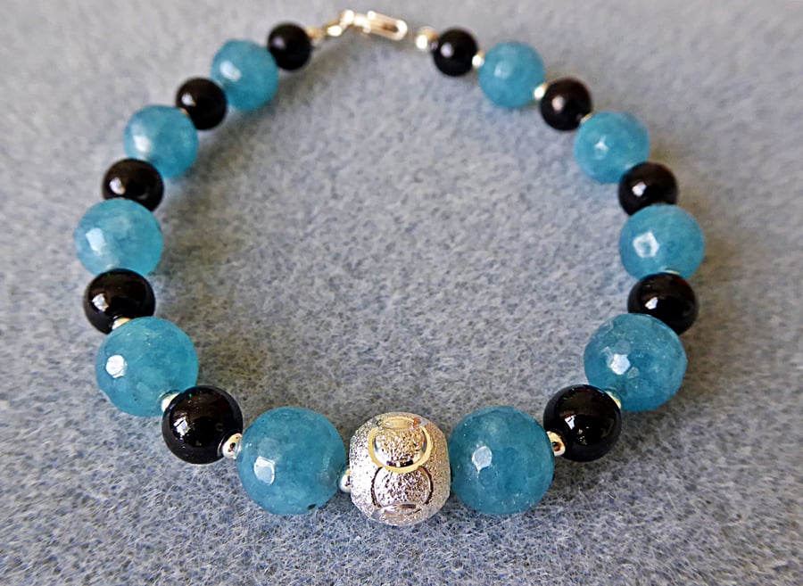 Green Agate and Mood Bead Bracelet with Sterling Silver Worry or Fidget Bead