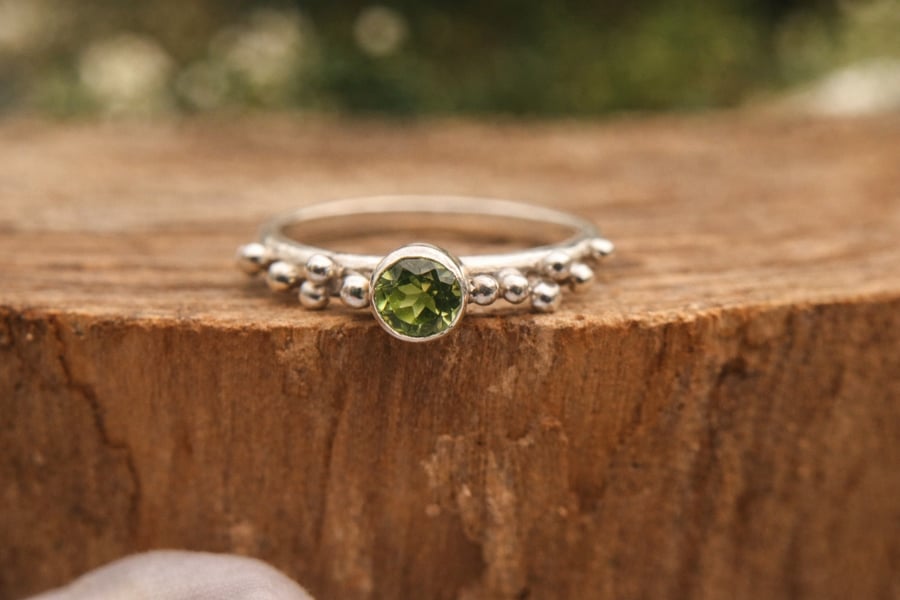 Sterling Silver and Peridot Ring with Granulation - Size M