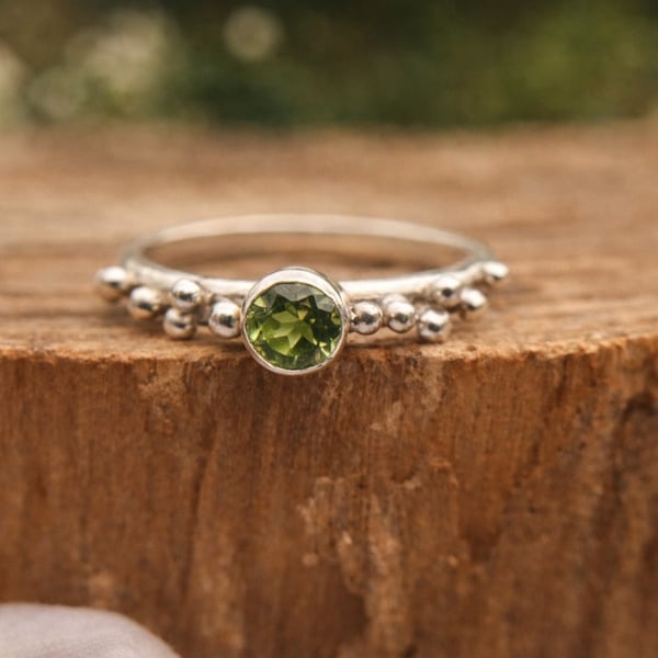 Sterling Silver and Peridot Ring with Granulation - Size M