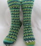 Hand-cranked Knitted Ribbed Wool Socks Size 4 to 5 Turnover Tops - Image 1
