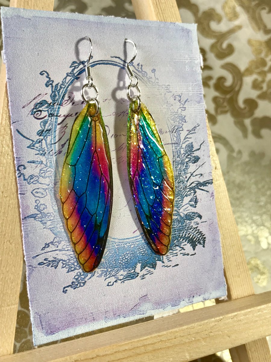 Blue and Yellow Fairy Wing Sterling Silver Earrings