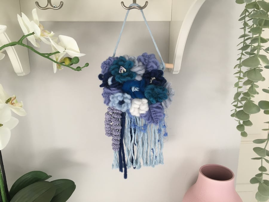 Blue macrame woven floral wall hanging, nursery decoration, gift for baby
