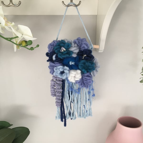 Blue macrame woven floral wall hanging, nursery decoration, gift for baby