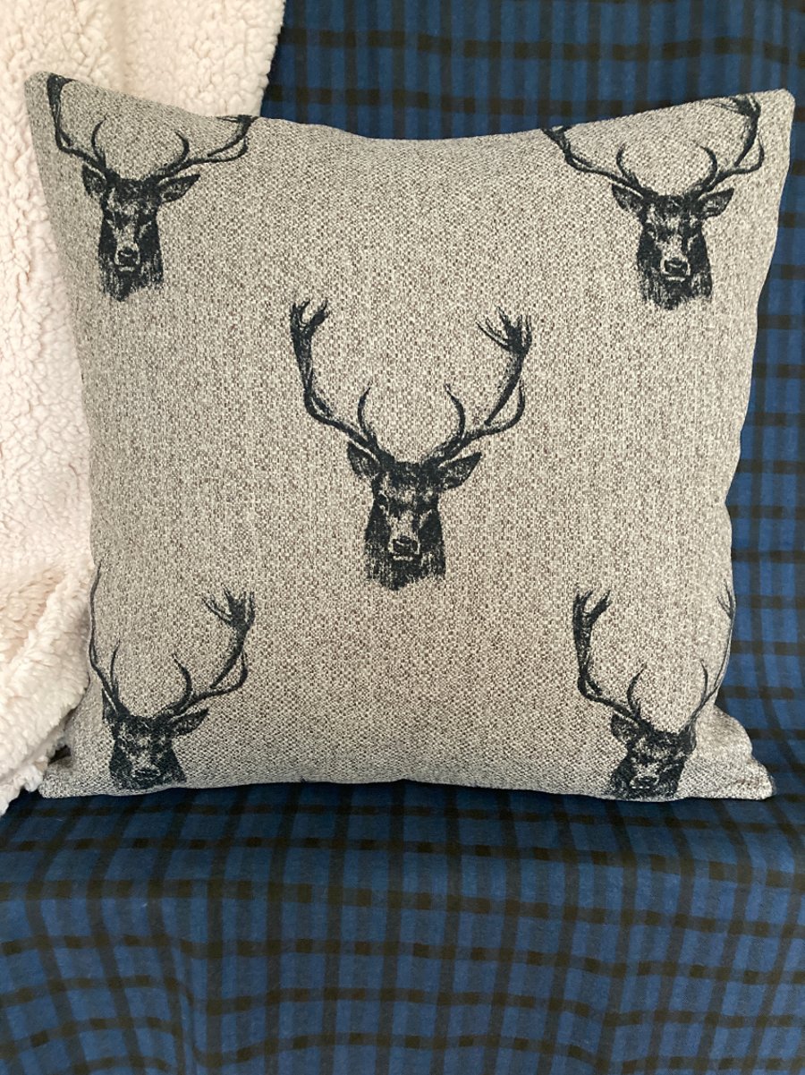 Christmas Square Stag Cushion Cover 20''x20'' Stone and Black 