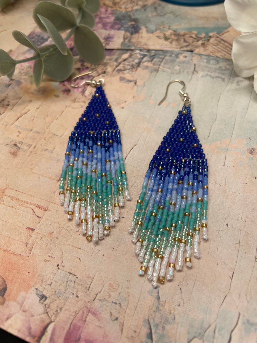 Blue Beaded Fringe Earrings, Ombre Seed Bead Waterfall drop earrings, celestial 