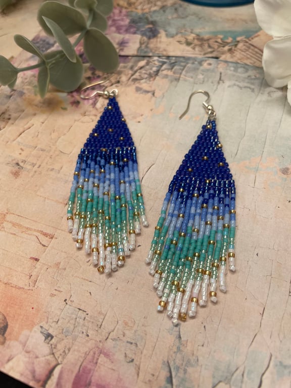 Blue Beaded Fringe Earrings, Ombre Seed Bead Waterfall drop earrings, celestial 