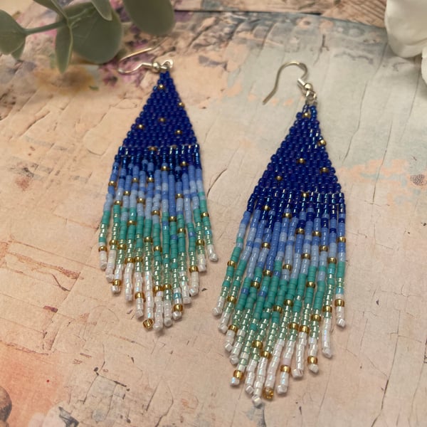 Blue Beaded Fringe Earrings, Ombre Seed Bead Waterfall drop earrings, celestial 