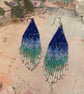 Blue Beaded Fringe Earrings, Ombre Seed Bead Waterfall drop earrings, celestial 