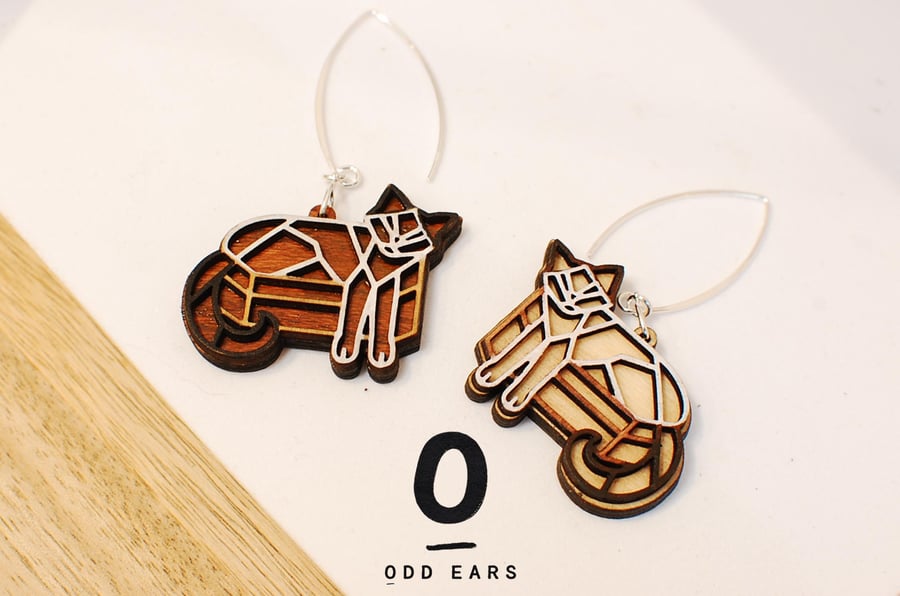 Mismatched Wooden Cat-In-A-Box Earrings with Sterling Silver Hooks Geometric Cat