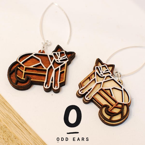 Mismatched Wooden Cat-In-A-Box Earrings with Sterling Silver Hooks Geometric Cat