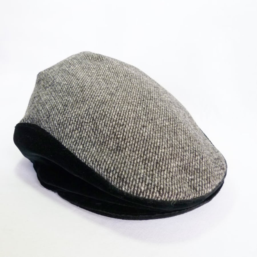 Tweed and Velvet Flat Cap - Black and Grey - Folksy