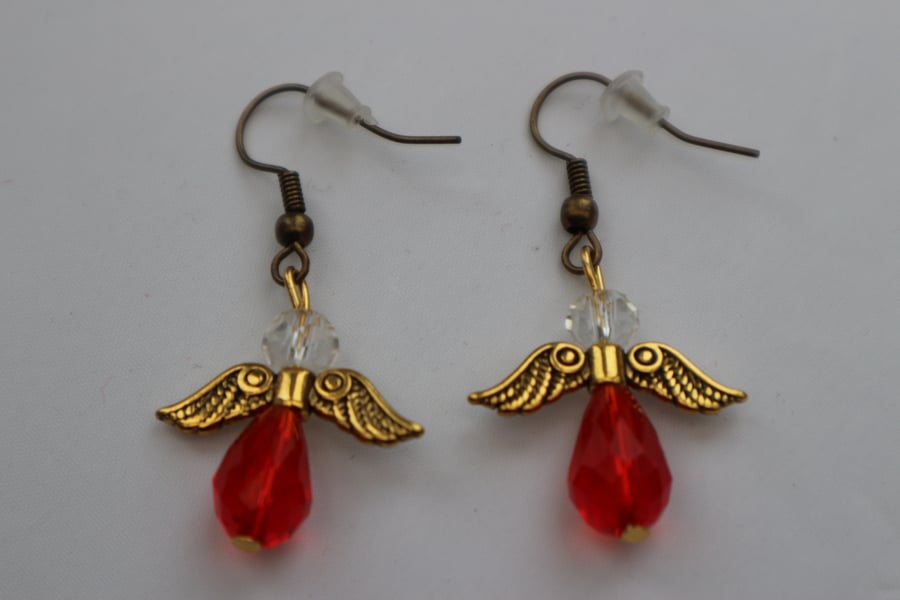Bronze gold plated beaded earrings- Christmas angel red