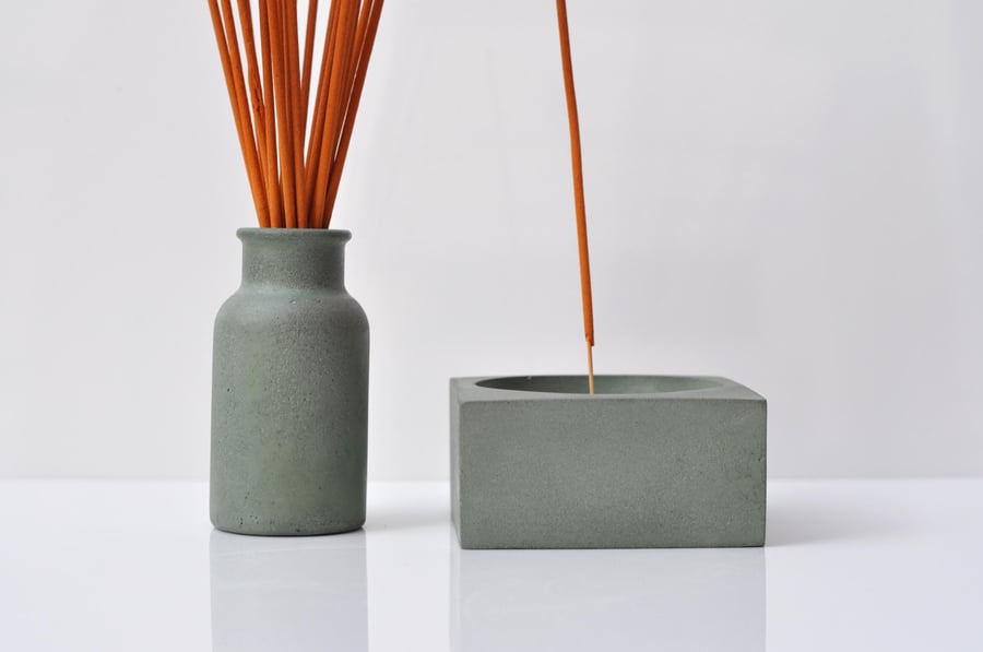 Concrete Incense Holder Set Grey Green Cement Gift Set Handmade Incense Burner &