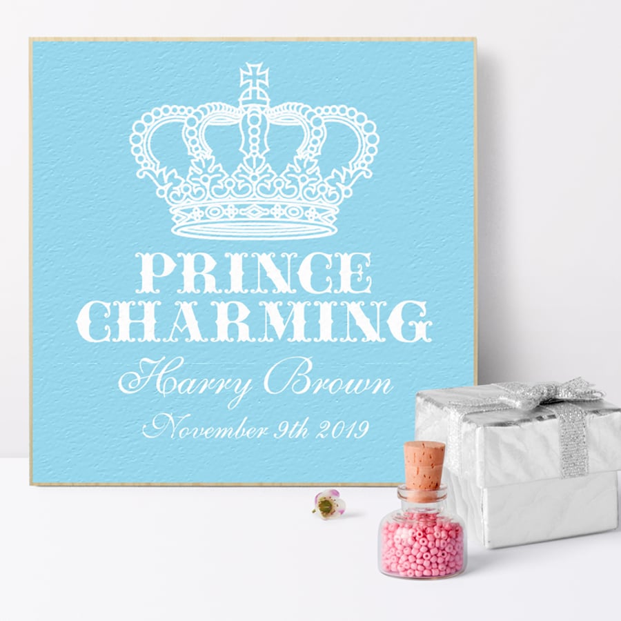 Prince Charming Personalised Wooden Picture Block, baby boy gift