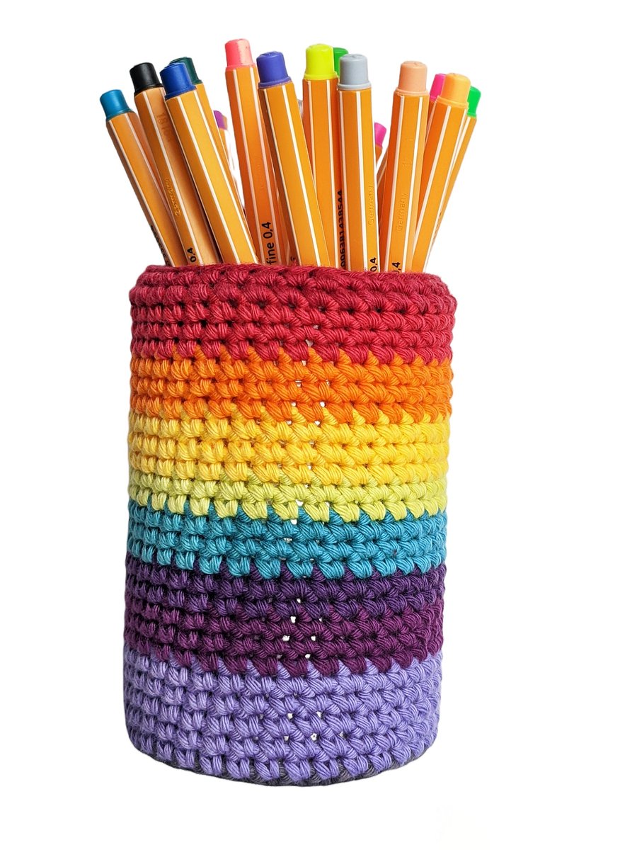 Recycled Can Crochet Pen Pot - Rainbow