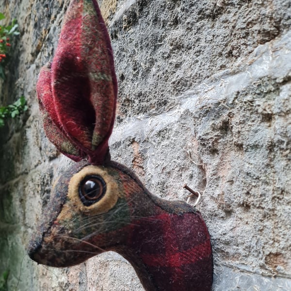 Faux hare head wall mount in red and green wool tartan