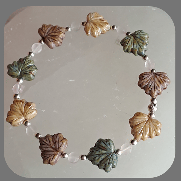  Czech glass, Rose Quartz and Sterling Silver Leaf bracelet