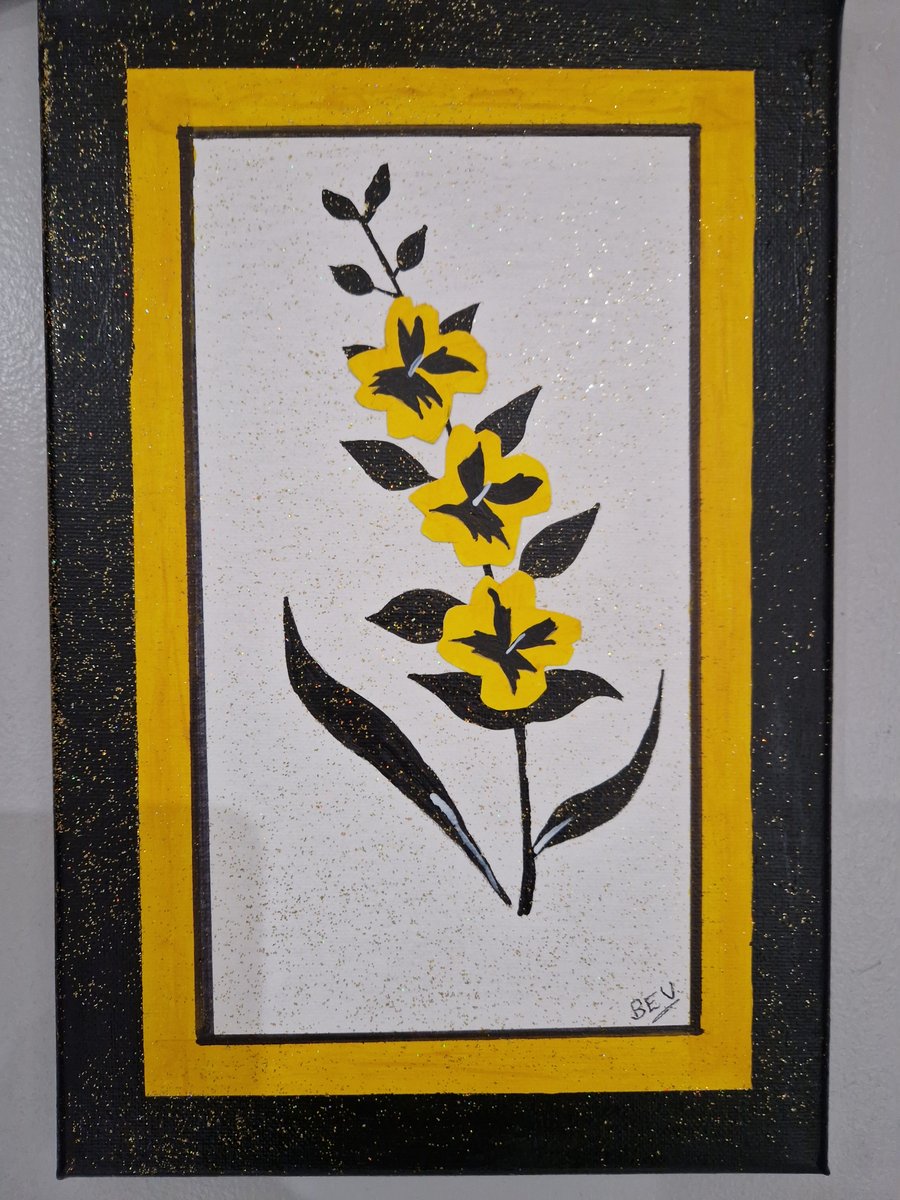 Black and yellow pansies on canvas. 