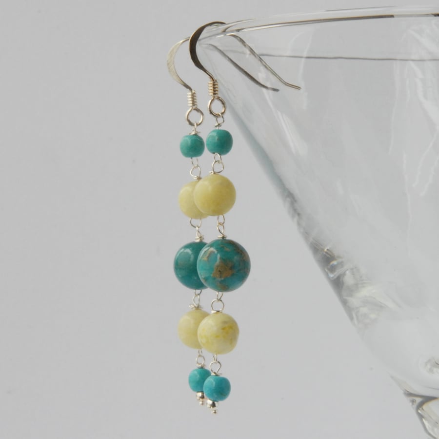 Long blue and yellow sterling silver earrings (jasper, lemon jade, turquoise)