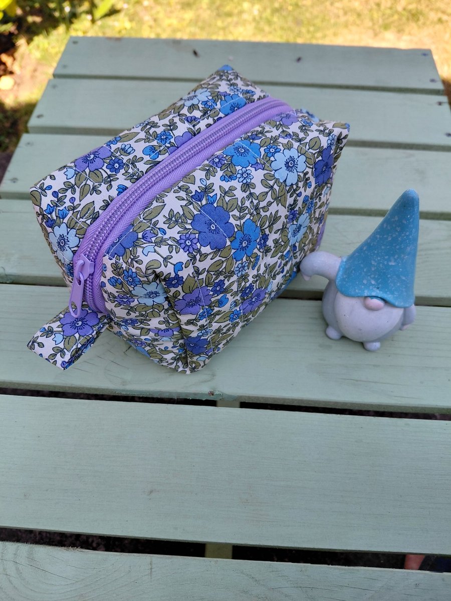Quilted Blue Floral Boxy Pouch with lining and Lilac Zip