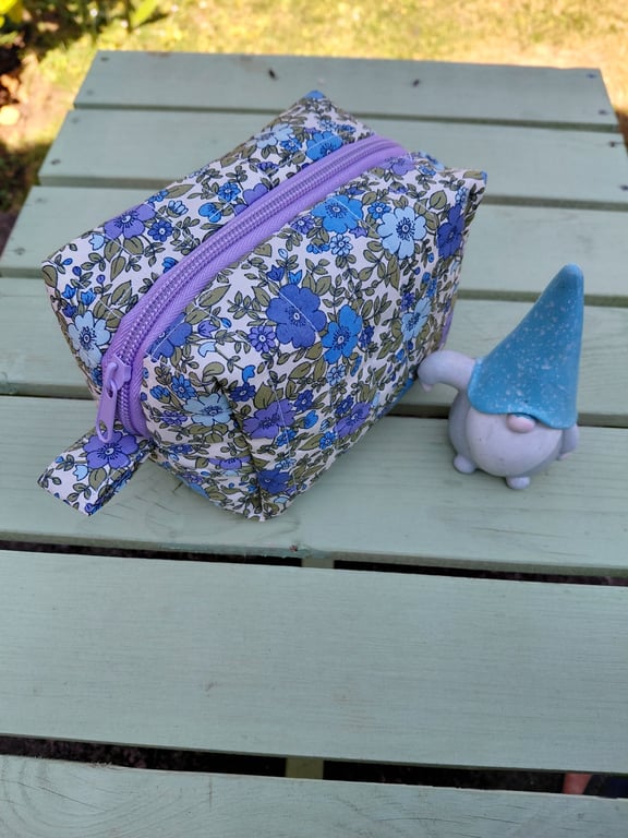 Quilted Blue Floral Boxy Pouch with lining and Lilac Zip