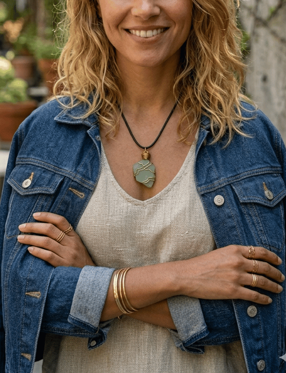 Handcrafted Mint Sea Glass Pendant – Gold Wire-Wrapped Cumbrian Coast Necklace