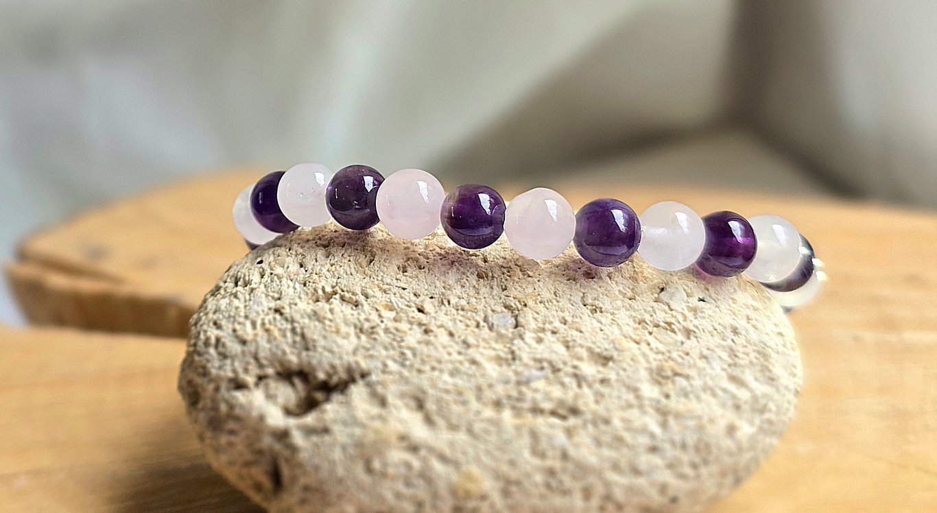 Amethyst and Rose Quartz Gemstone Beaded Bracelet 