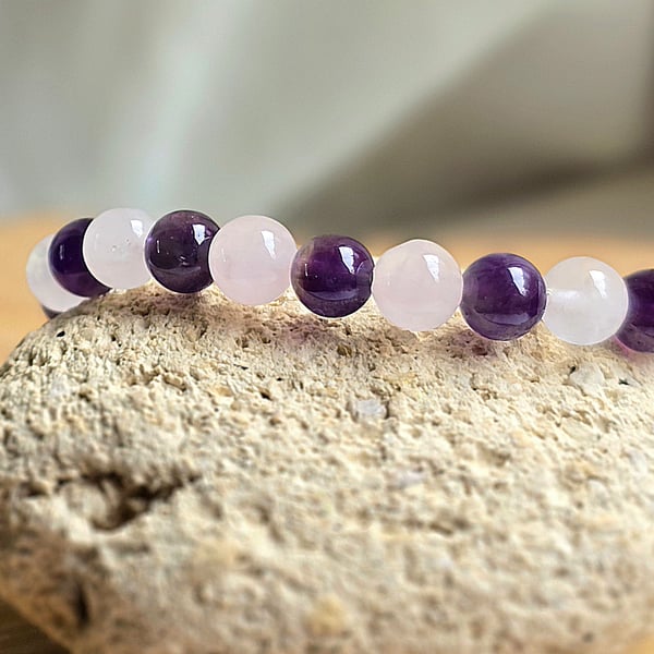 Amethyst and Rose Quartz Gemstone Beaded Bracelet 