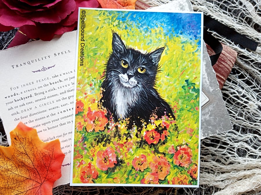 Cat In Poppies, A6 Print, Postcard Size, Quality Print, Wall Art,