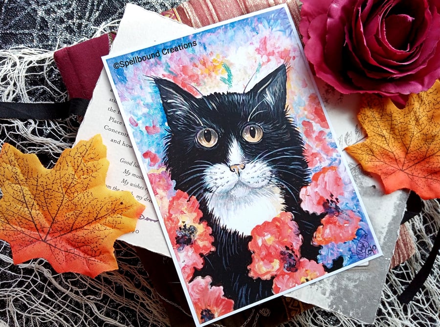 Cat In Flowers, A6, Postcard Size, Quality Print, Crazy Cat Lady, Wall Art,