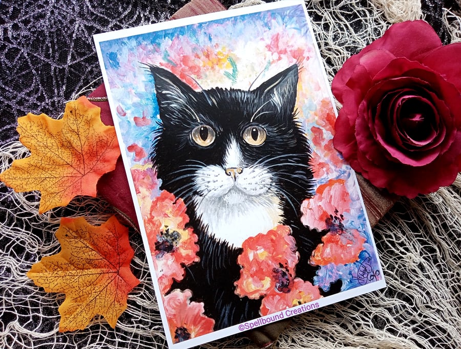 Cat In Flowers, A5 Quality Print, Original Artwork, 300gsm, Wall Art,