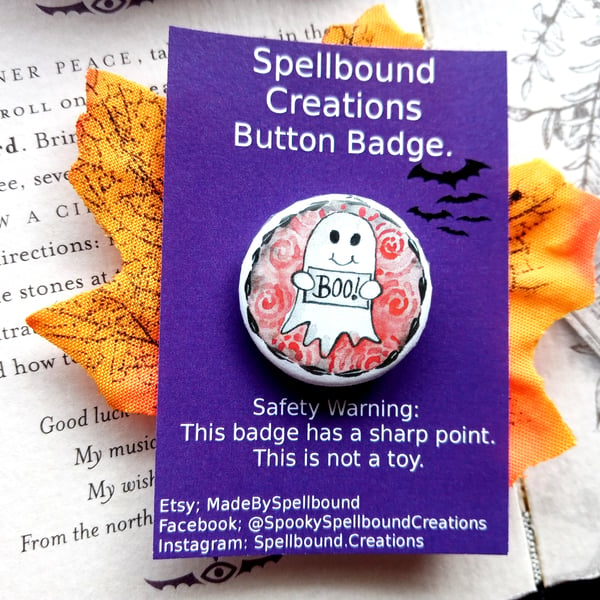 Ghost, Boo!, 25mm Button Badge, Pin Badge, Spooky Badge, Halloween Badge, Gift,